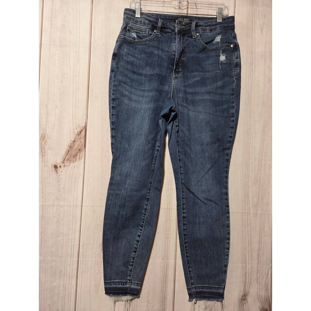Judy Blue High Rise‎ Distressed Raw Hem Skinny Jeans Dark Wash 14W JB88417 DK